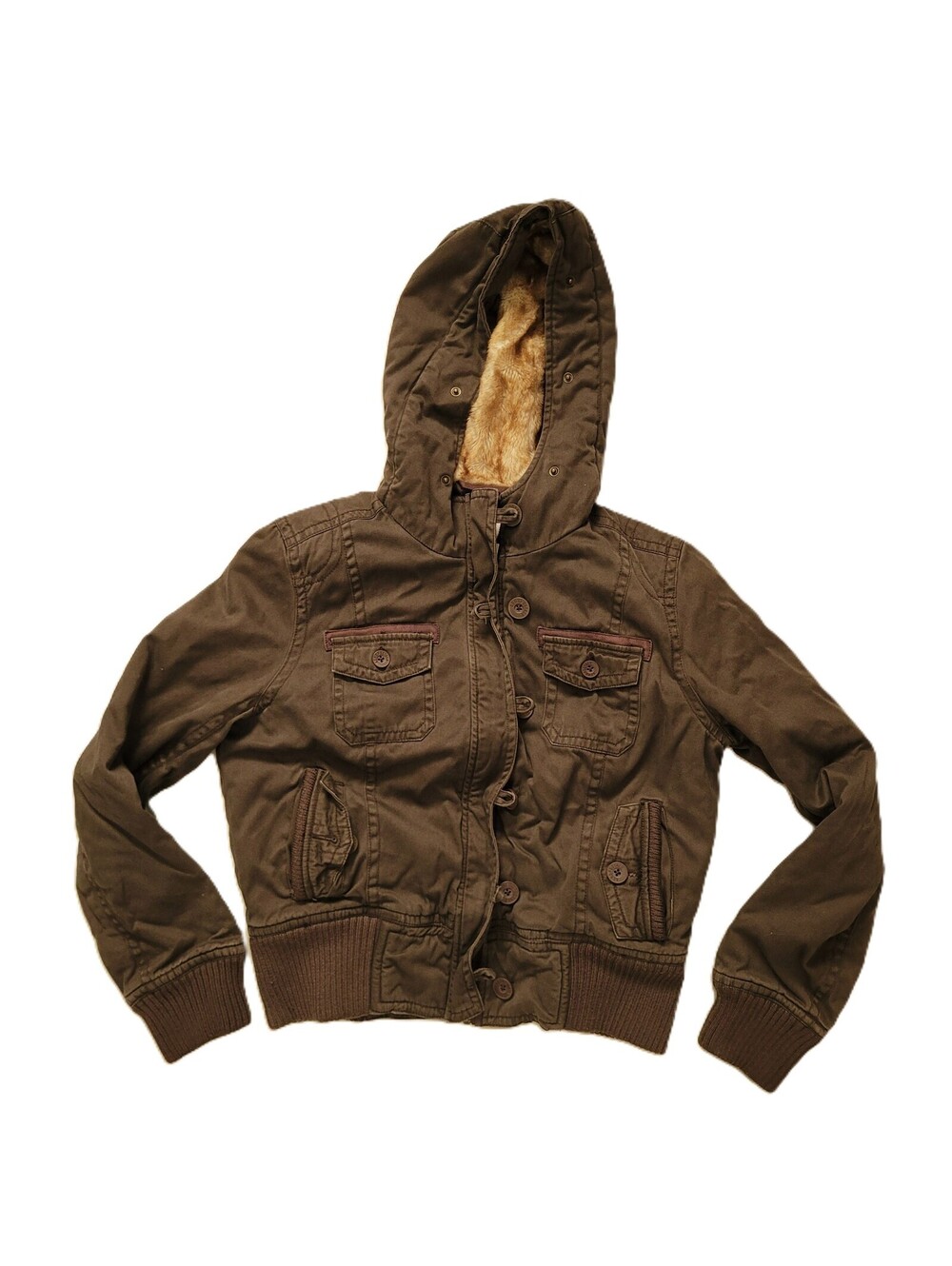 Aeropostale Women's XL Brown Hooded Utility Jacket Faux Fur Lined Hood